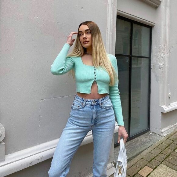 ZARA Knit Cropped Jacket Top Cardigan Mint Green - Picture 1 of 8